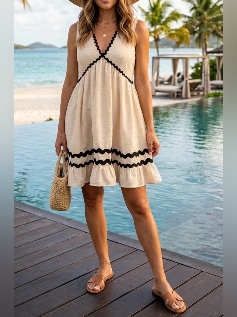 ENTRO Cream Textured Ric Rac Trim Babydoll Mini Dress S